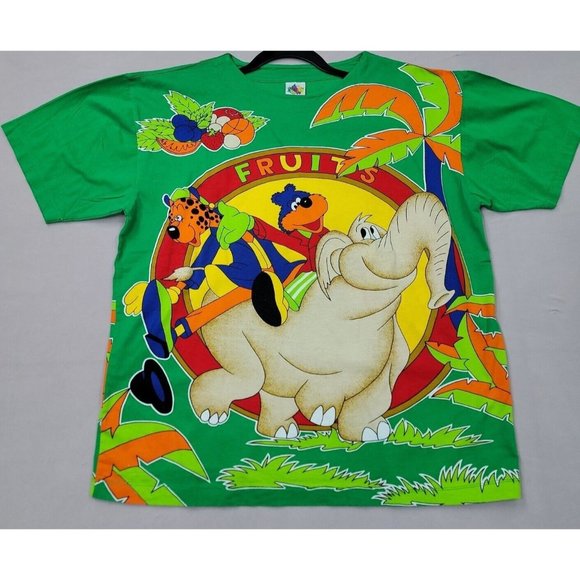RARE VTG Fruits Cat & Bear Riding Elephant Size L Multicolor All Over Print - Picture 1 of 11